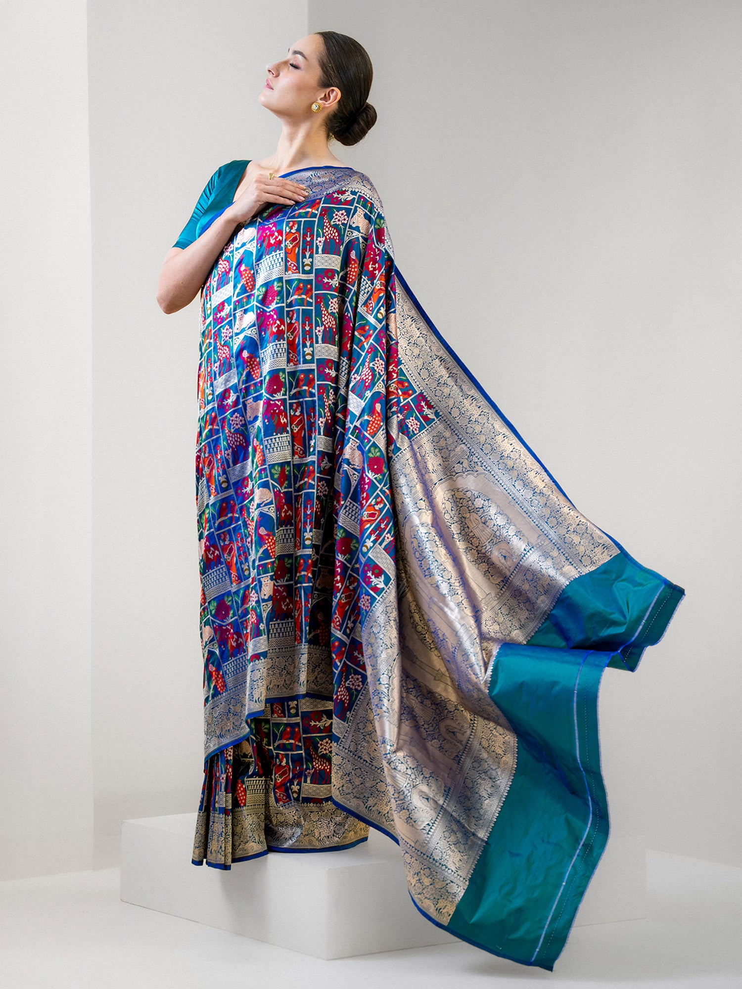 Peacock Blue Meenakari Katan Silk Handloom Banarasi Saree - Sacred Weaves