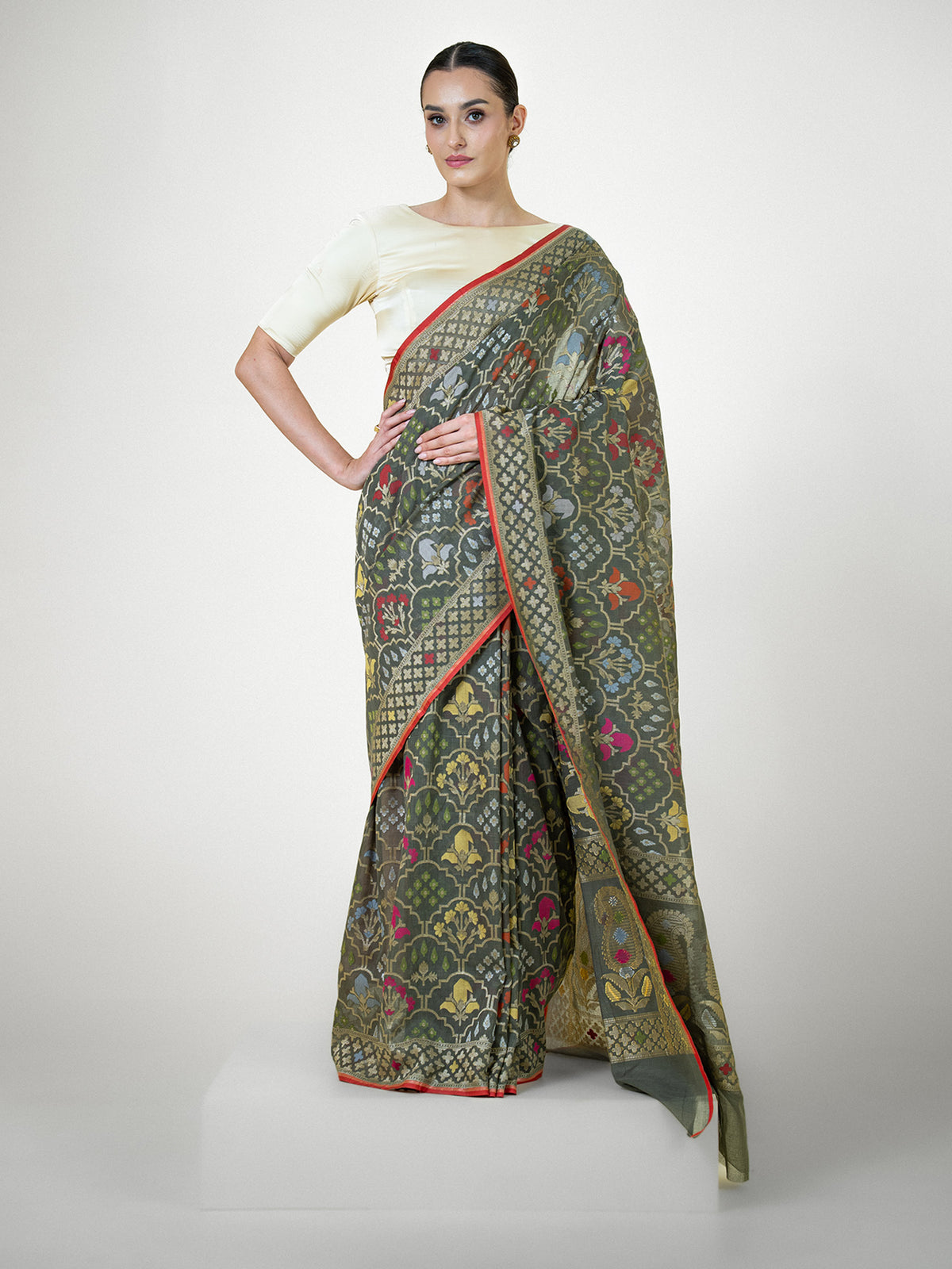 Olive Green Jaal Cotton Silk Handloom Banarasi Saree - Sacred Weaves