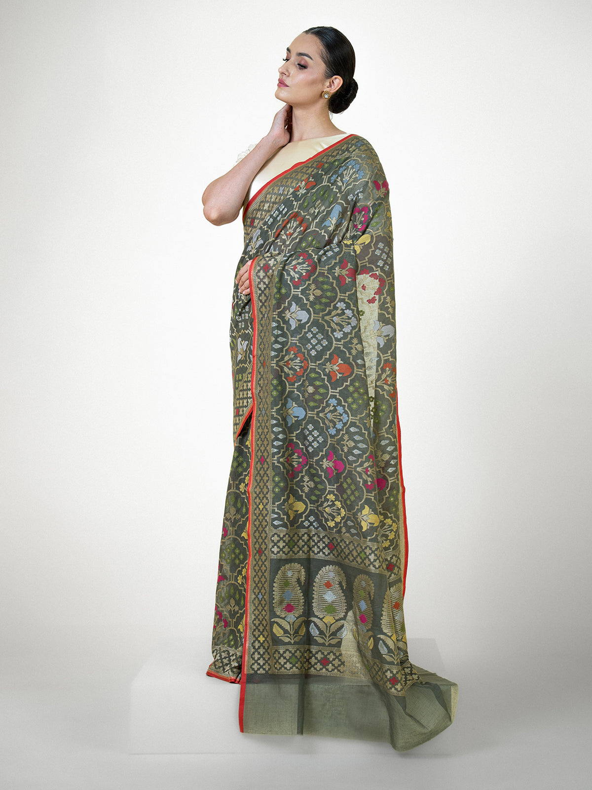 Olive Green Jaal Cotton Silk Handloom Banarasi Saree - Sacred Weaves