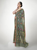 Olive Green Jaal Cotton Silk Handloom Banarasi Saree - Sacred Weaves