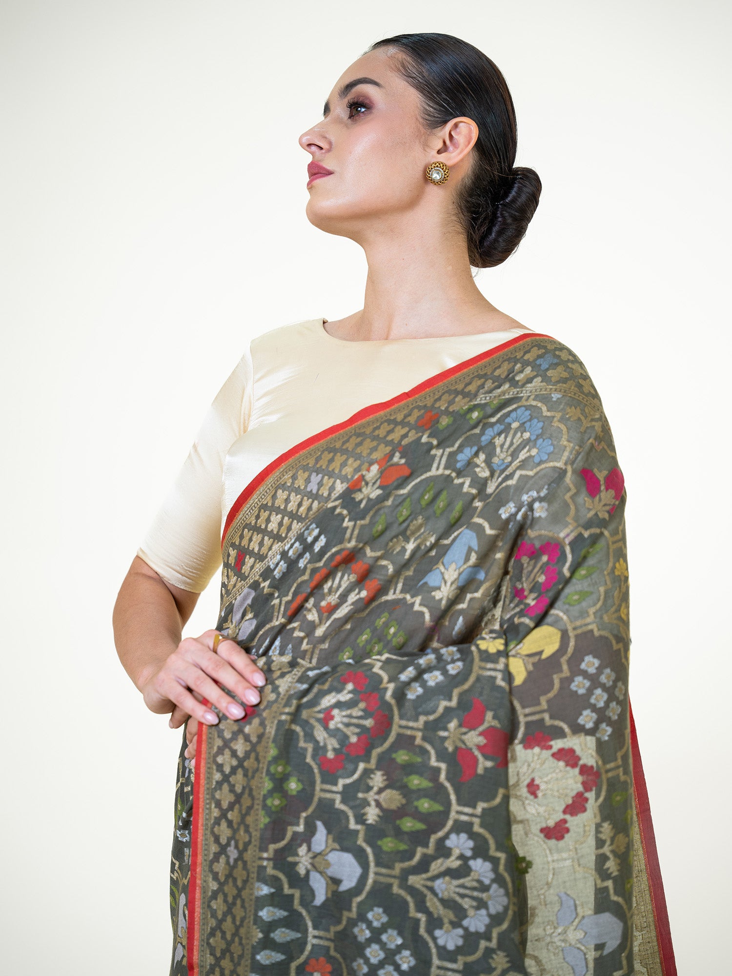 Olive Green Jaal Cotton Silk Handloom Banarasi Saree - Sacred Weaves