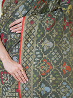 Olive Green Jaal Cotton Silk Handloom Banarasi Saree - Sacred Weaves