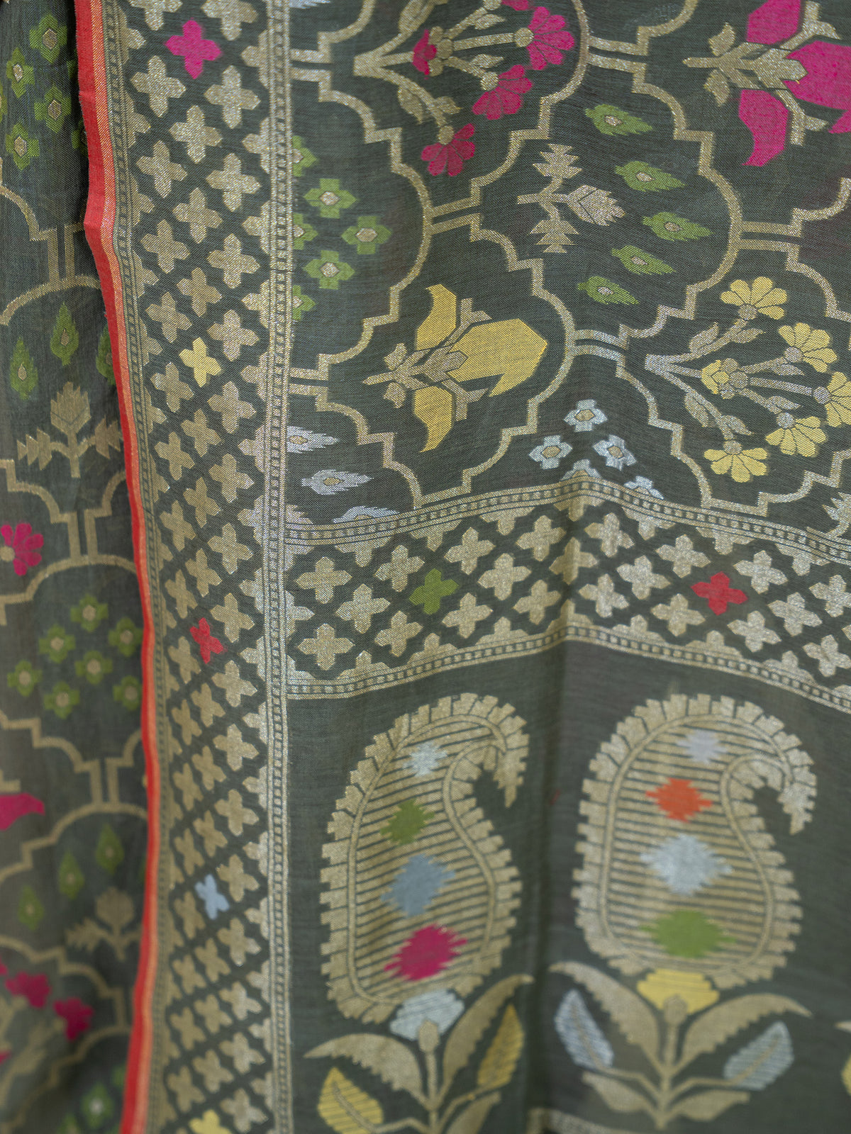Olive Green Jaal Cotton Silk Handloom Banarasi Saree - Sacred Weaves