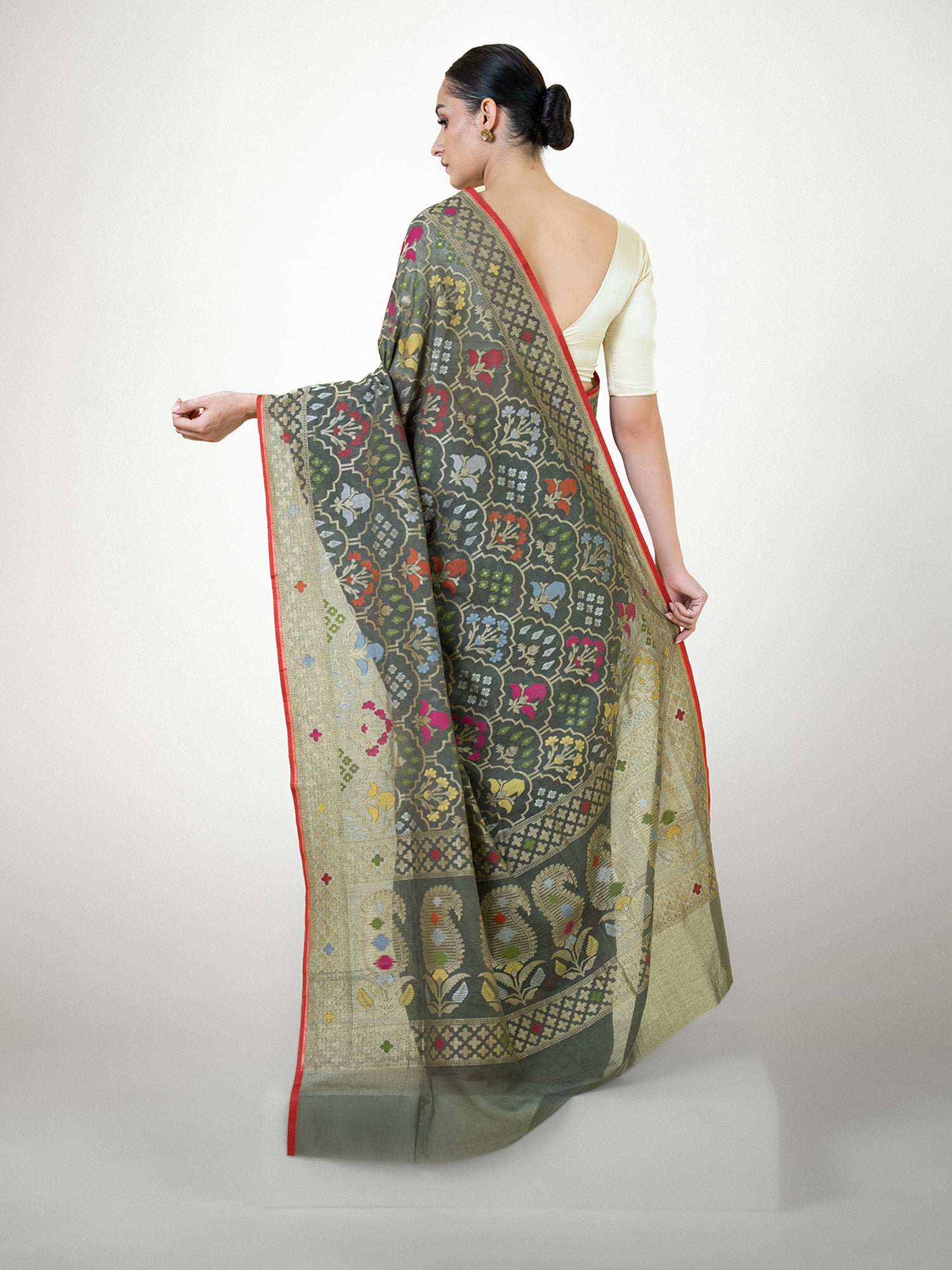 Olive Green Jaal Cotton Silk Handloom Banarasi Saree - Sacred Weaves