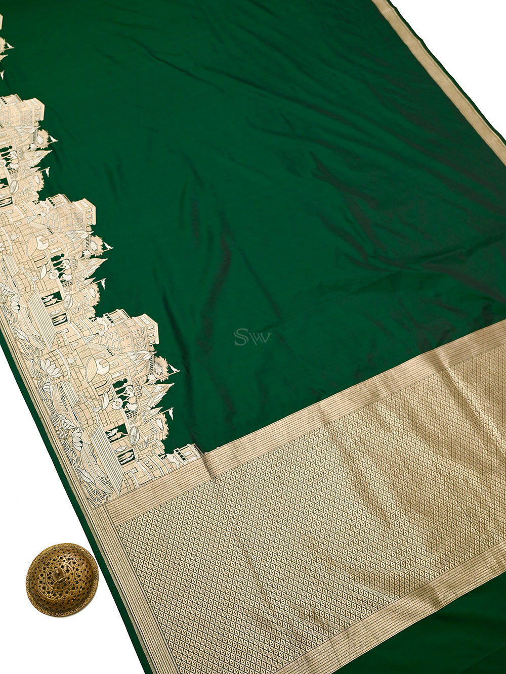 Bottle Green Katan Silk Handloom Banarasi Saree - Sacred Weaves