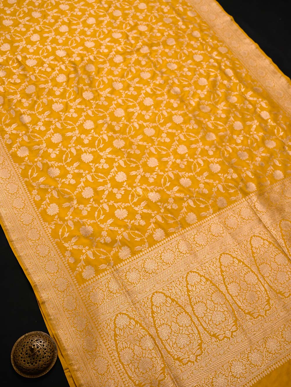 Yellow Jaal Katan Silk Uppada Handloom Banarasi Saree - Sacred Weaves