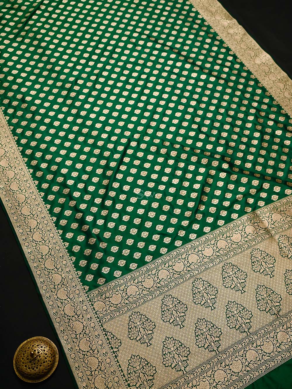 Bottle Green Booti Katan Silk Uppada Handloom Banarasi Saree - Sacred Weaves