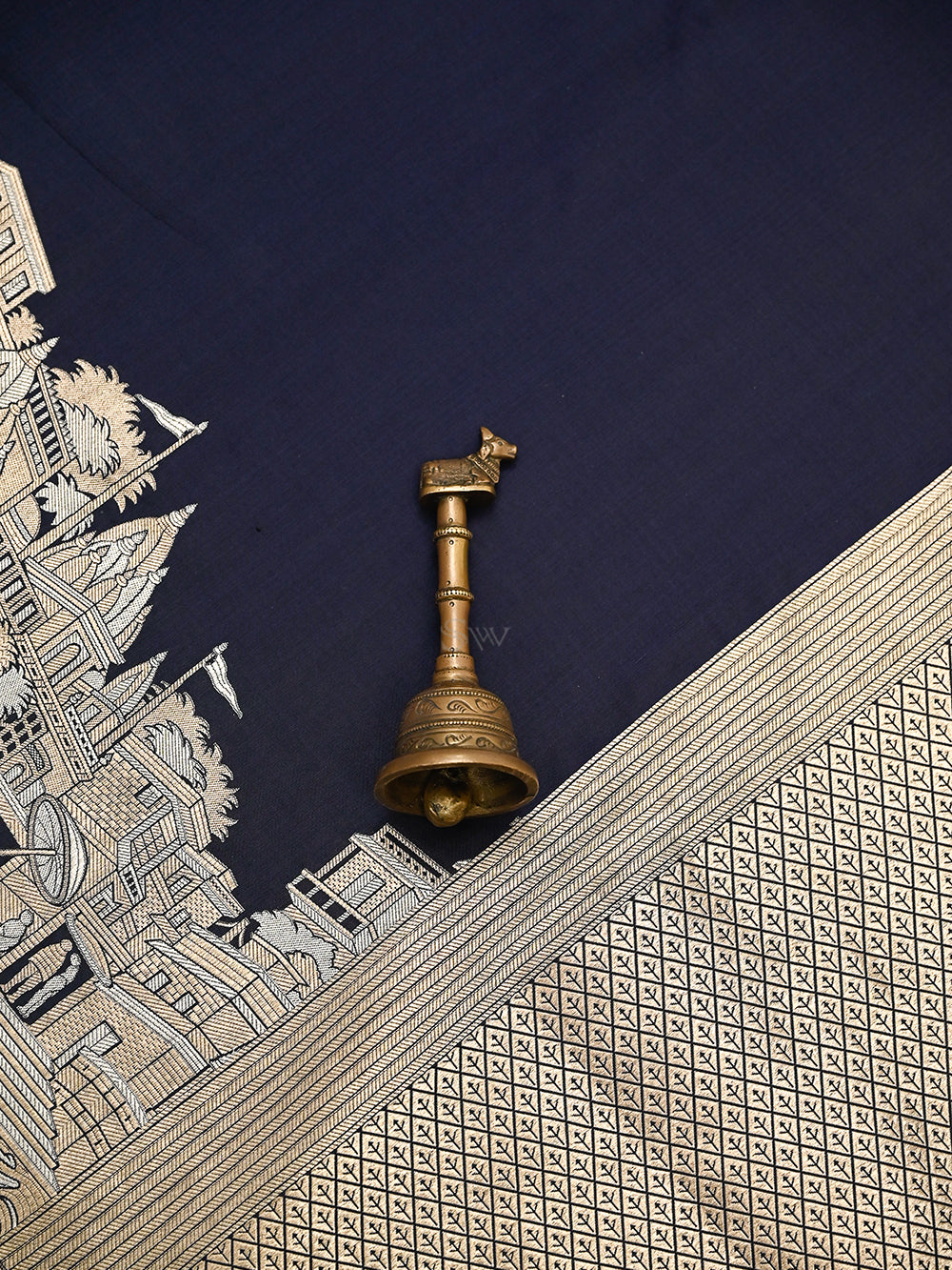 Navy Blue Katan Silk Handloom Banarasi Saree - Sacred Weaves