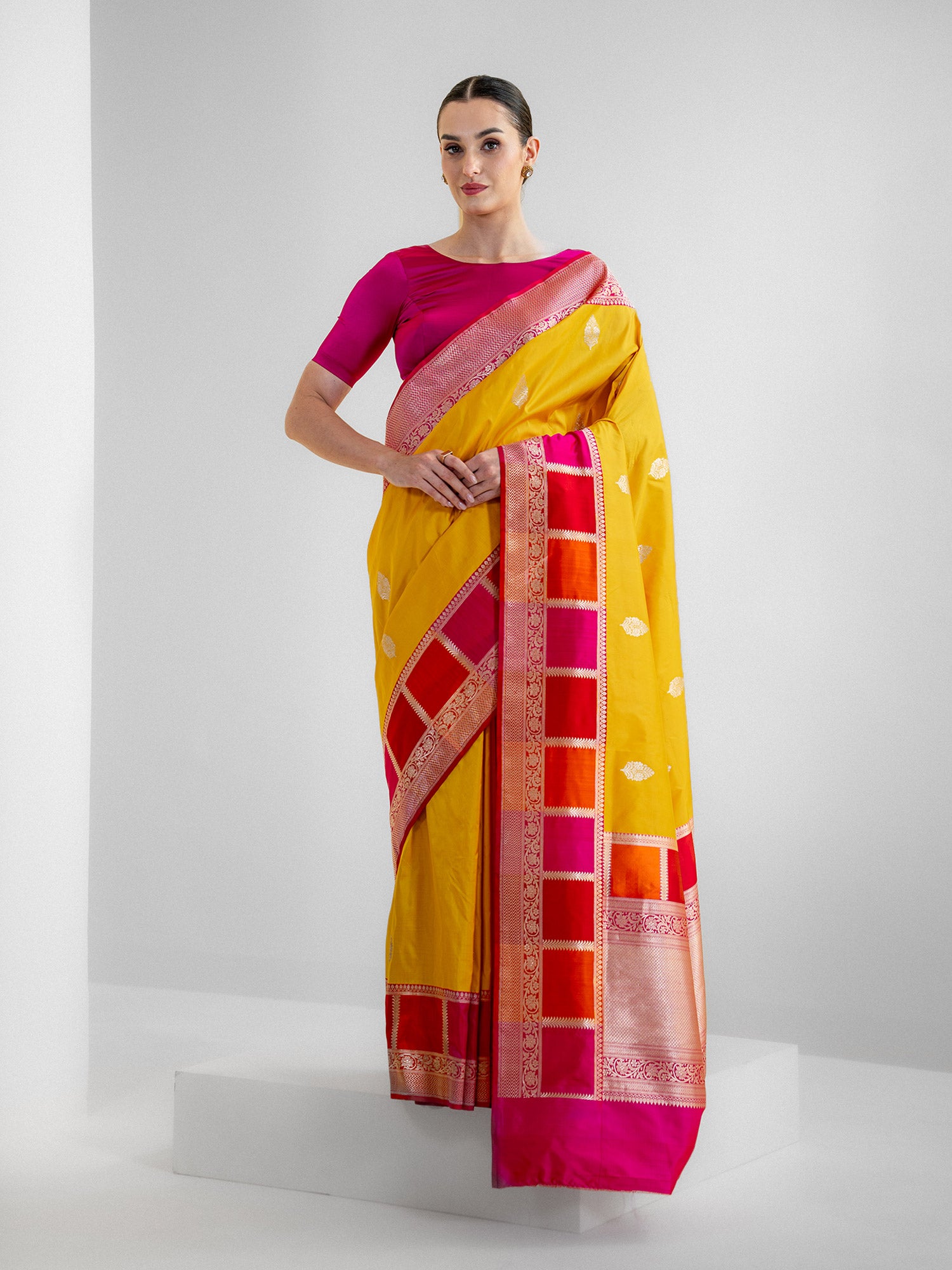 Yellow Boota Katan Silk Handloom Banarasi Saree - Sacred Weaves
