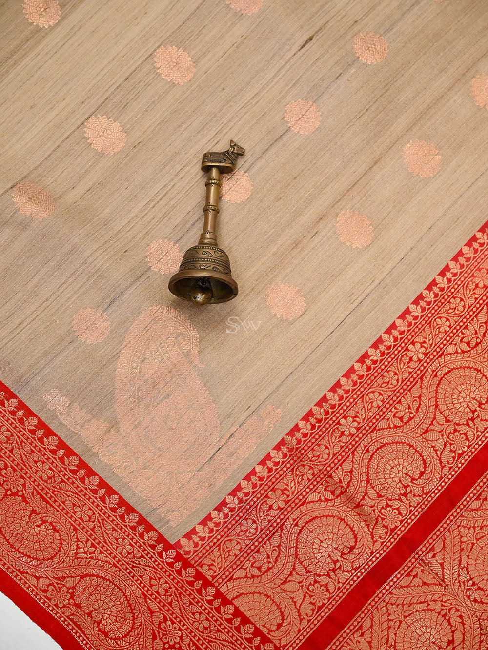 Beige Red Booti Tussar Silk Handloom Banarasi Saree - Sacred Weaves