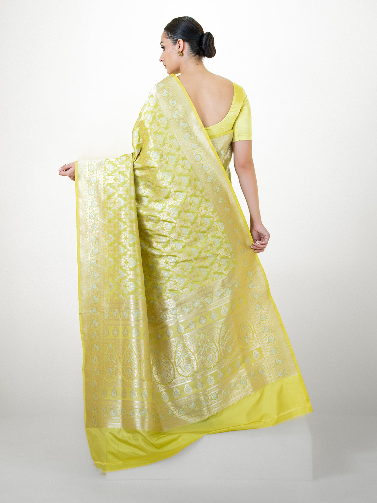 Lime Yellow Jaal Uppada Katan Silk Handloom Banarasi Saree - Sacred Weaves