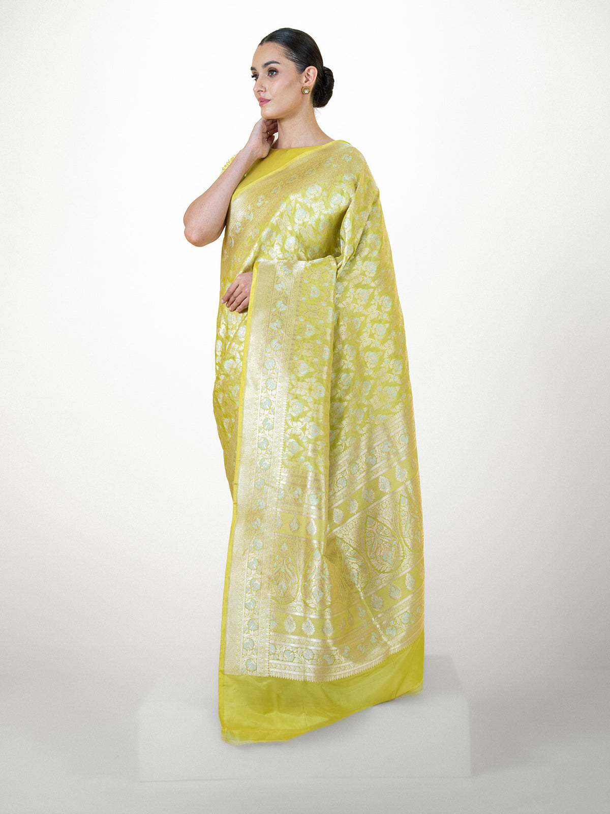 Lime Yellow Jaal Uppada Katan Silk Handloom Banarasi Saree - Sacred Weaves