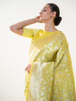 Lime Yellow Jaal Uppada Katan Silk Handloom Banarasi Saree - Sacred Weaves