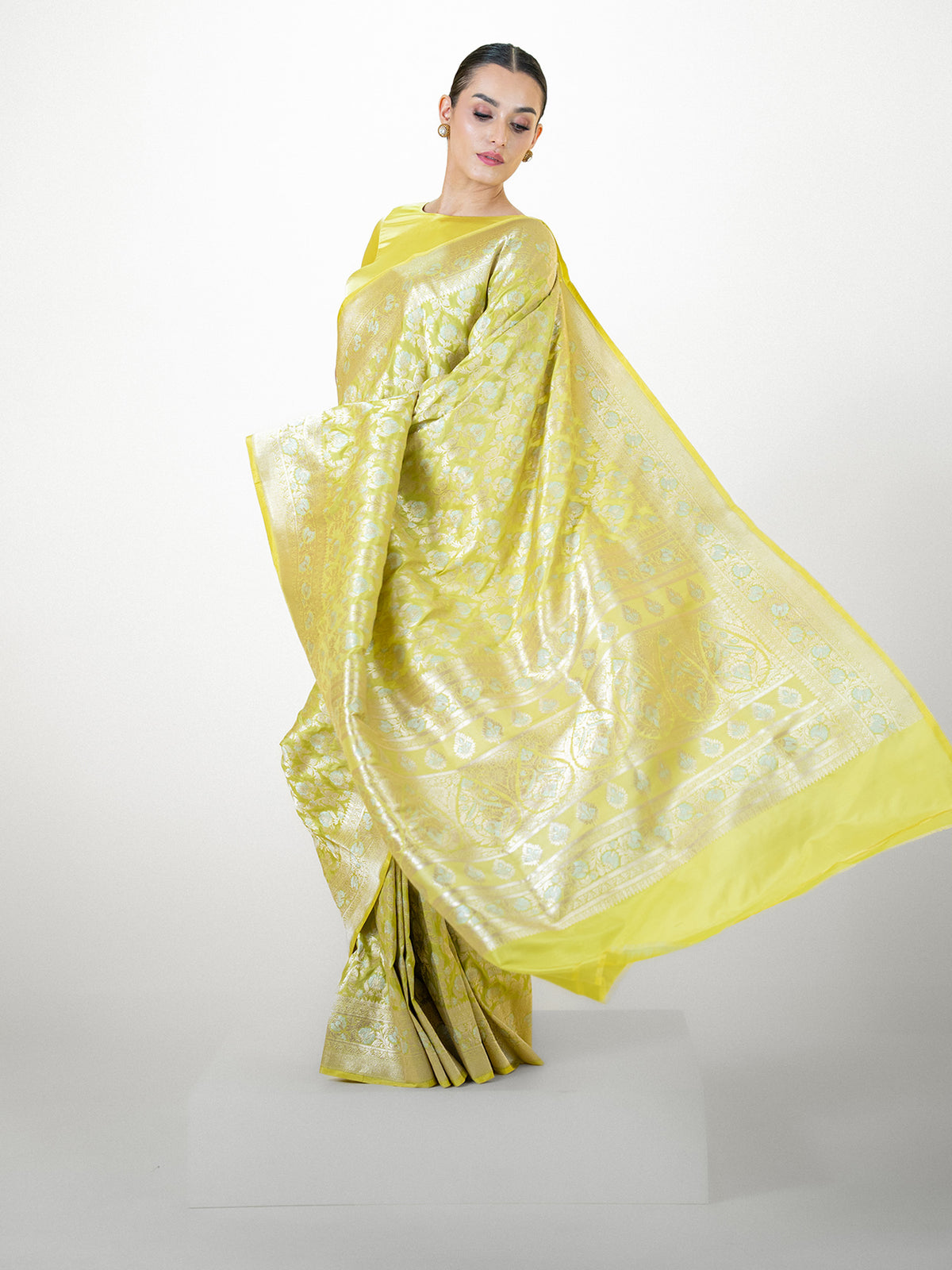 Lime Yellow Jaal Uppada Katan Silk Handloom Banarasi Saree - Sacred Weaves