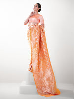Coral Pink Uppada Katan Silk Handloom Banarasi Saree - Sacred Weaves