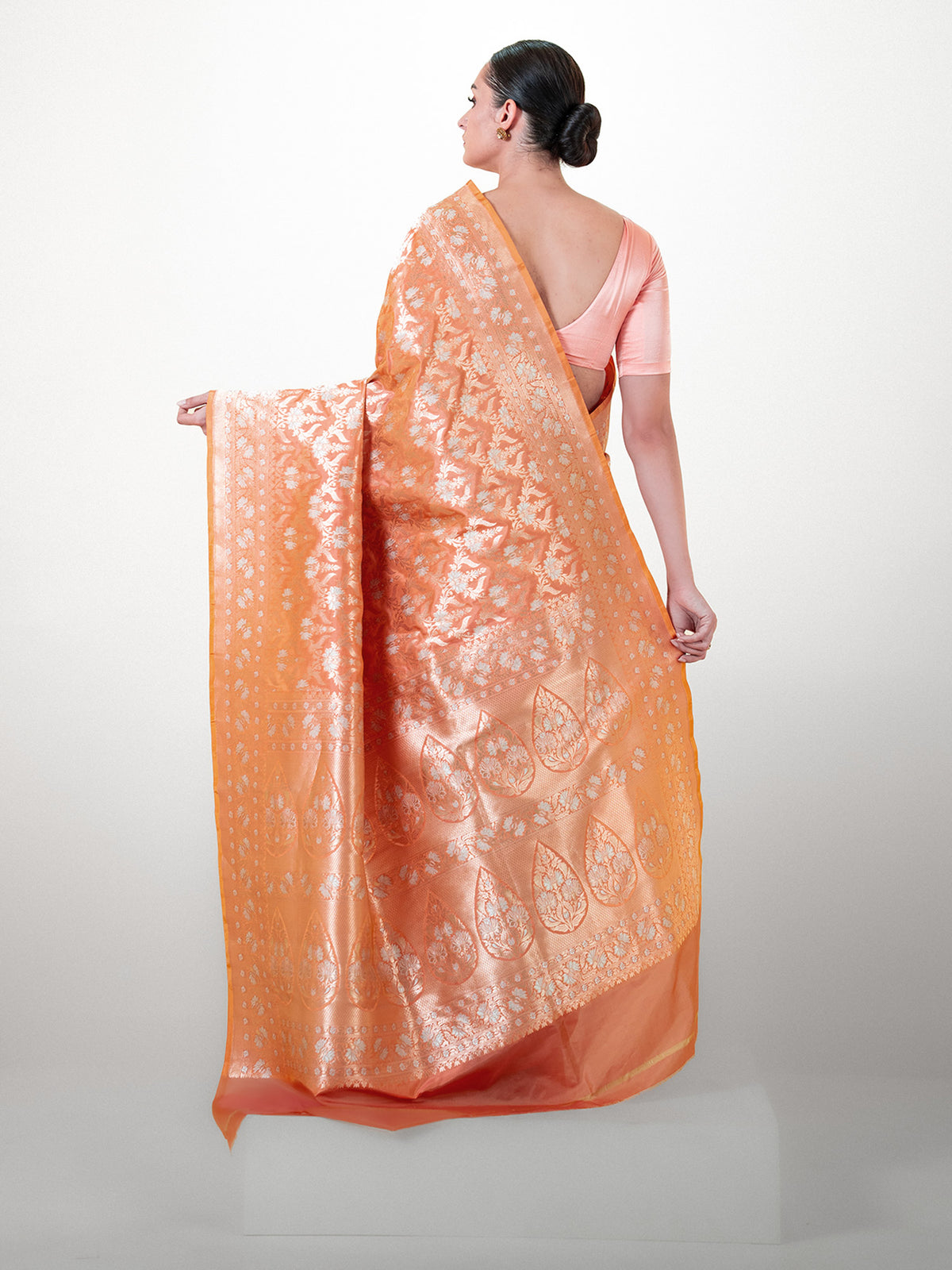 Coral Pink Uppada Katan Silk Handloom Banarasi Saree - Sacred Weaves