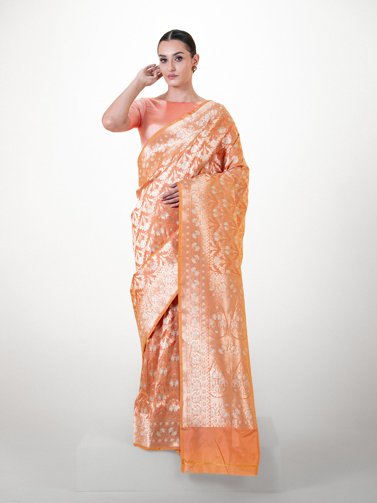 Coral Pink Uppada Katan Silk Handloom Banarasi Saree - Sacred Weaves