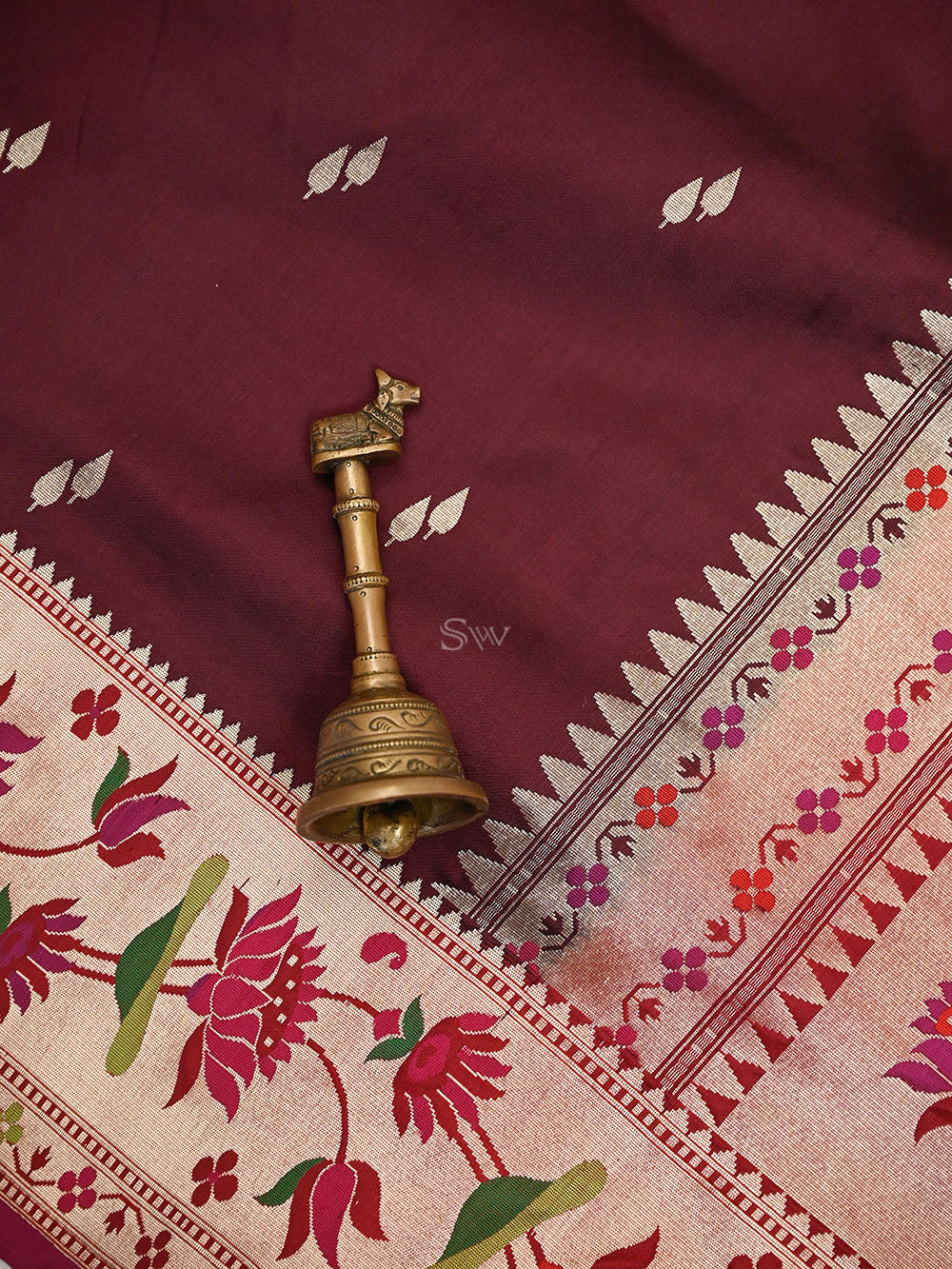 Wine Booti Paithani Katan Silk Handloom Banarasi Saree - Sacred Weaves