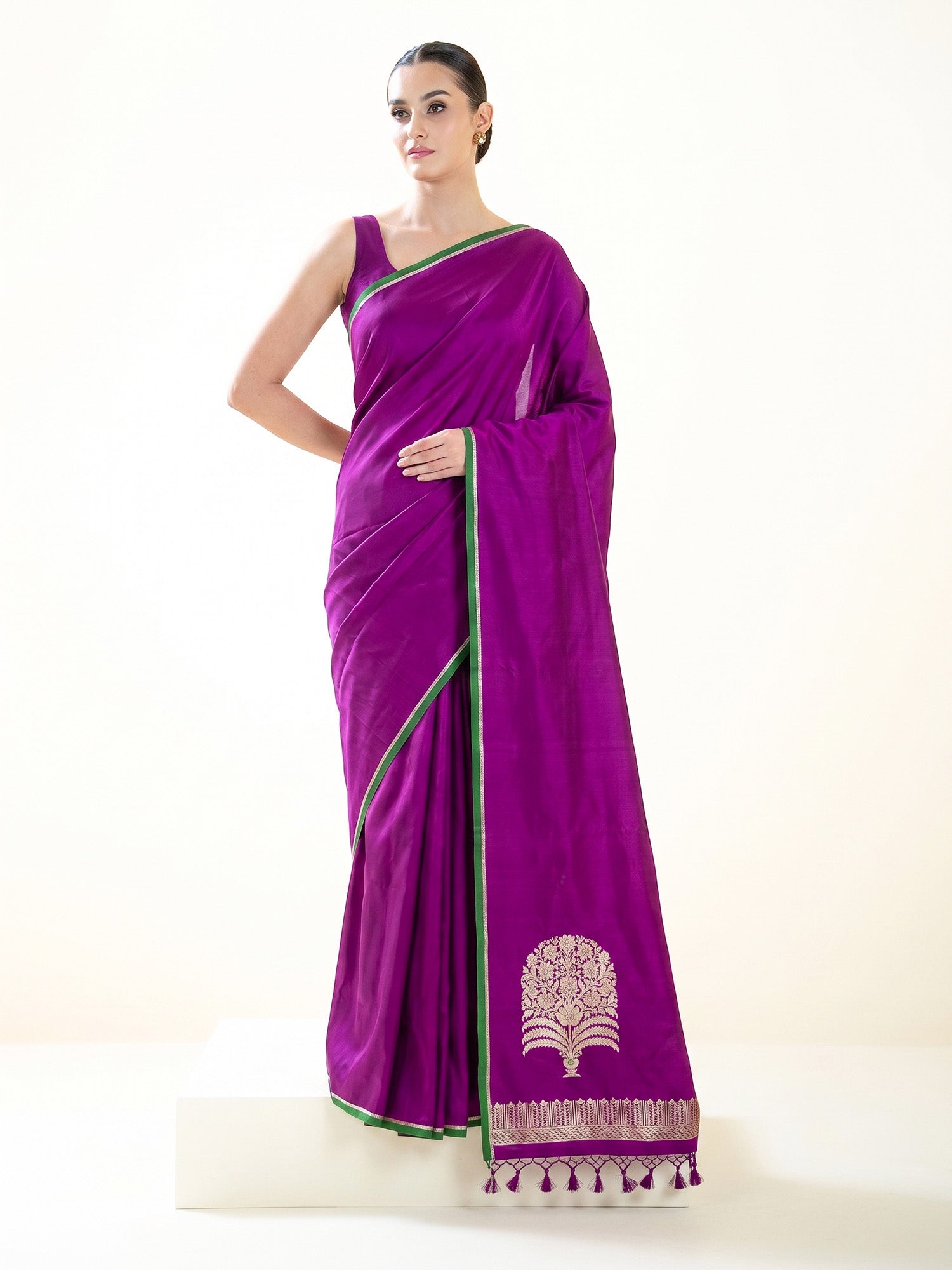 Dark Magenta Plain Satin Silk Handloom Banarasi Saree - Sacred Weaves