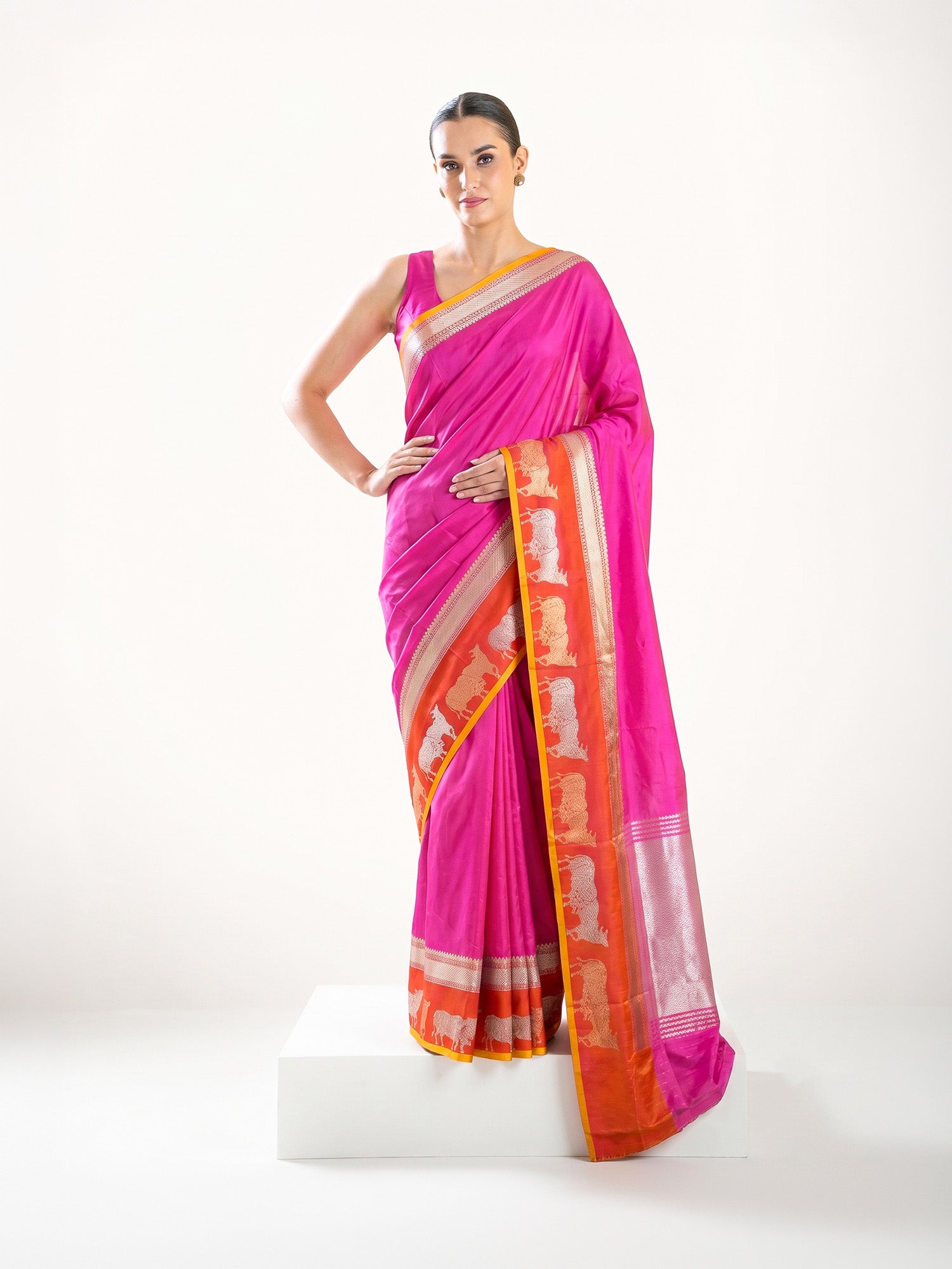 Magenta Plain Satin Silk Handloom Banarasi Saree - Sacred Weaves