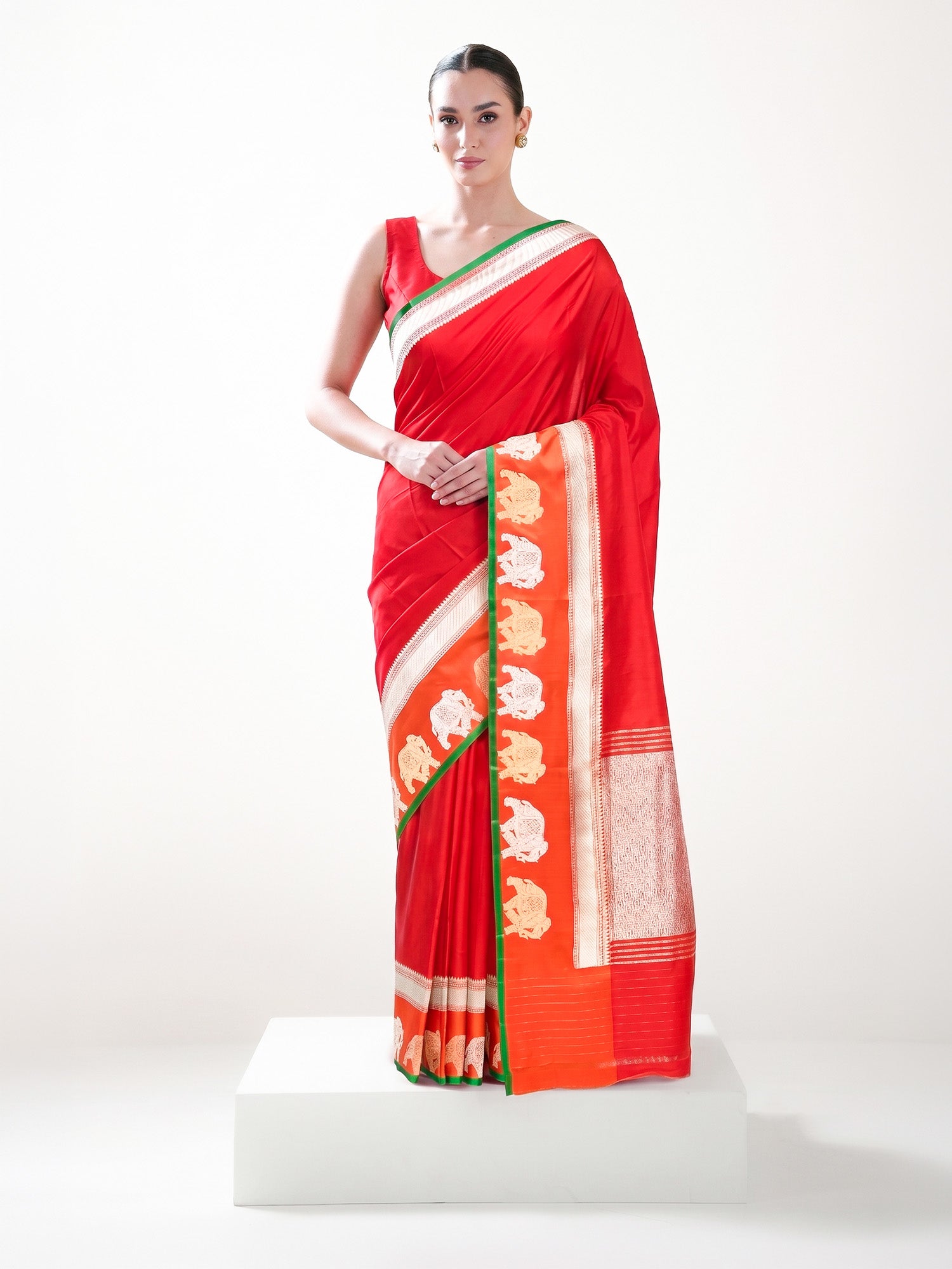 Red Satin Silk Handloom Banarasi Saree - Sacred Weaves