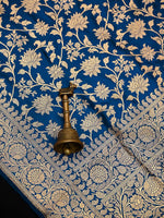 Midnight Blue Jaal Uppada Katan Silk Handloom Banarasi Saree - Sacred Weaves