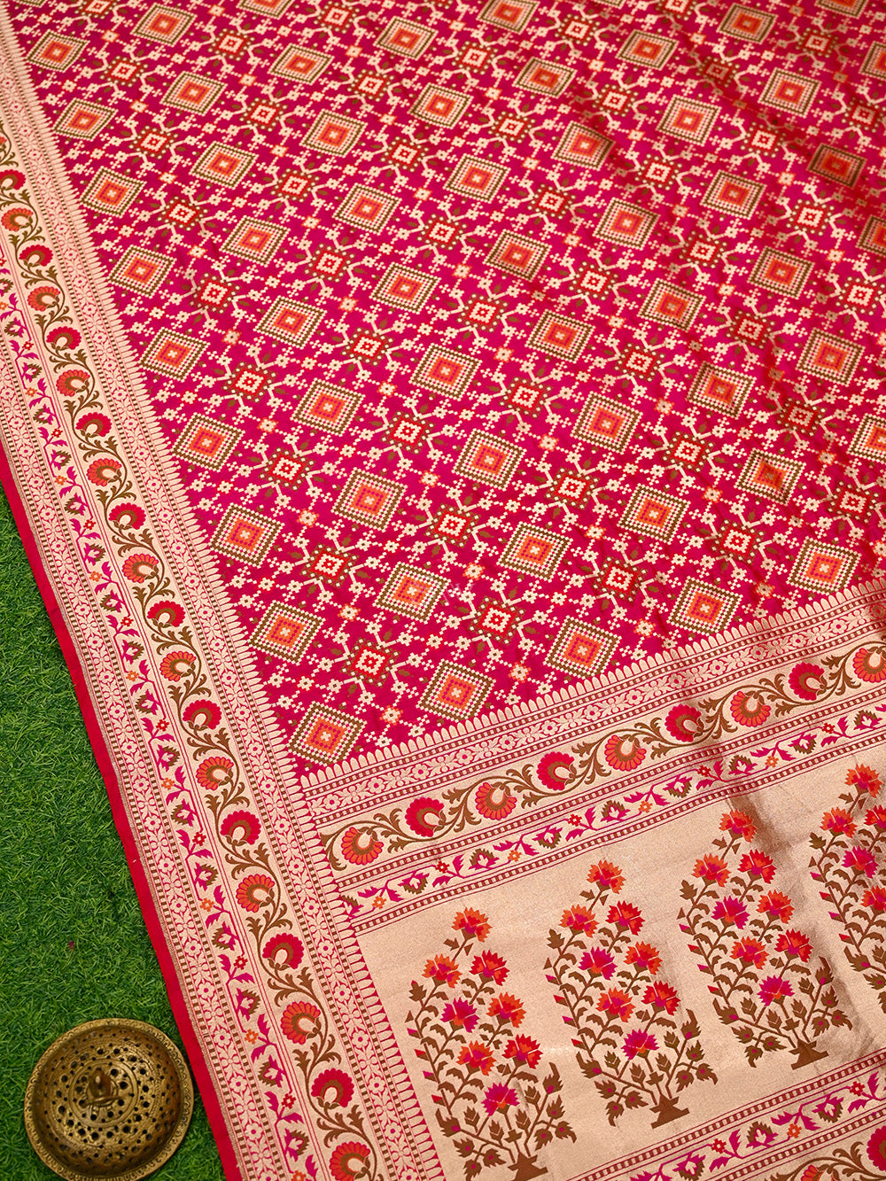 Dark Pink Paithani Meenakari Katan Silk Handloom Banarasi Saree - Sacred Weaves