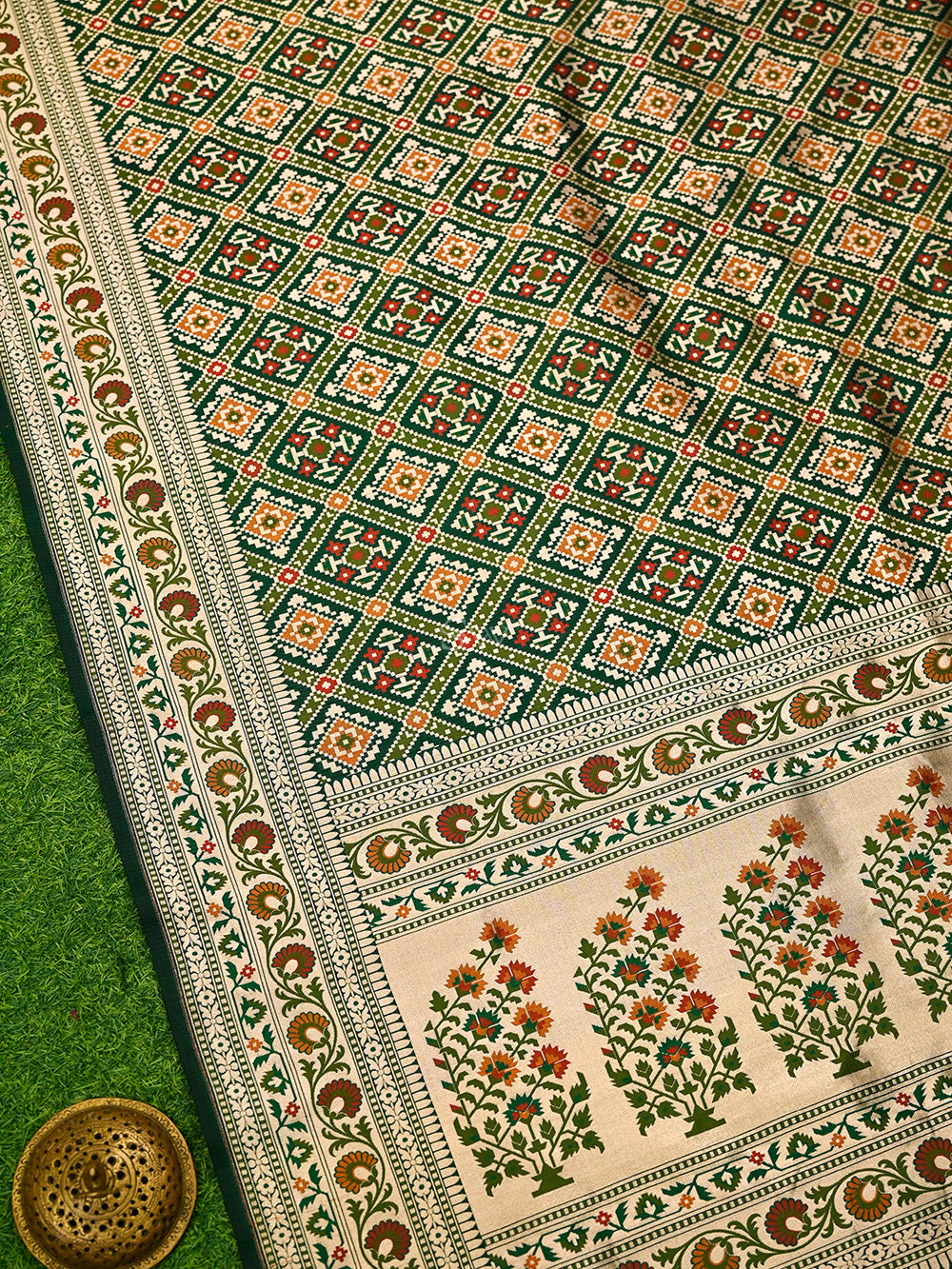 Bottle Green Paithani Meenakari Katan Silk Handloom Banarasi Saree - Sacred Weaves