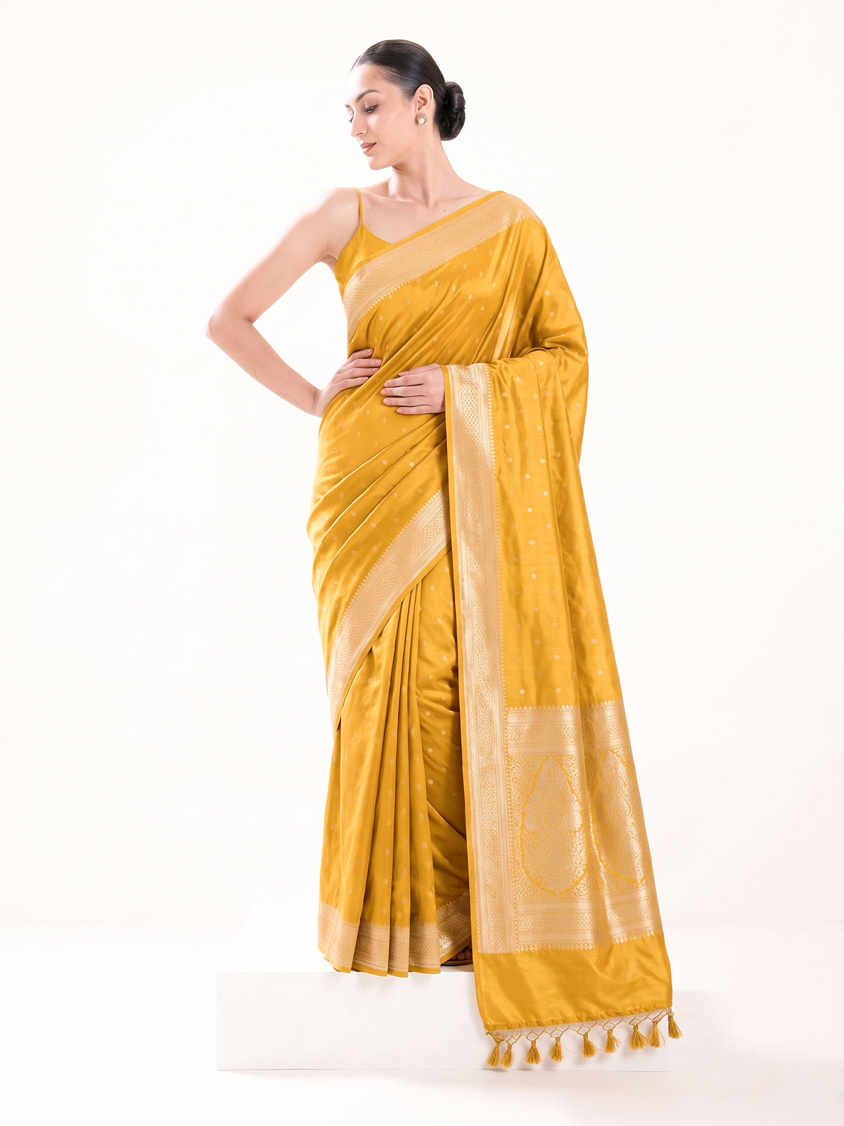 Yellow Zari Booti Katan Silk Uppada Handloom Banarasi Saree - Sacred Weaves