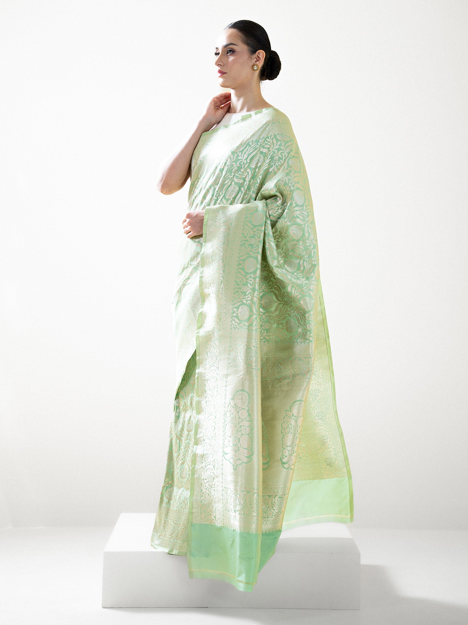 Pista Green Jaal Uppada Katan Silk Handloom Banarasi Saree - Sacred Weaves