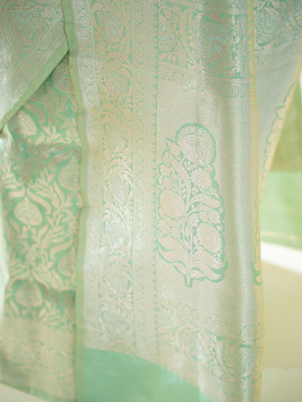 Pista Green Jaal Uppada Katan Silk Handloom Banarasi Saree - Sacred Weaves