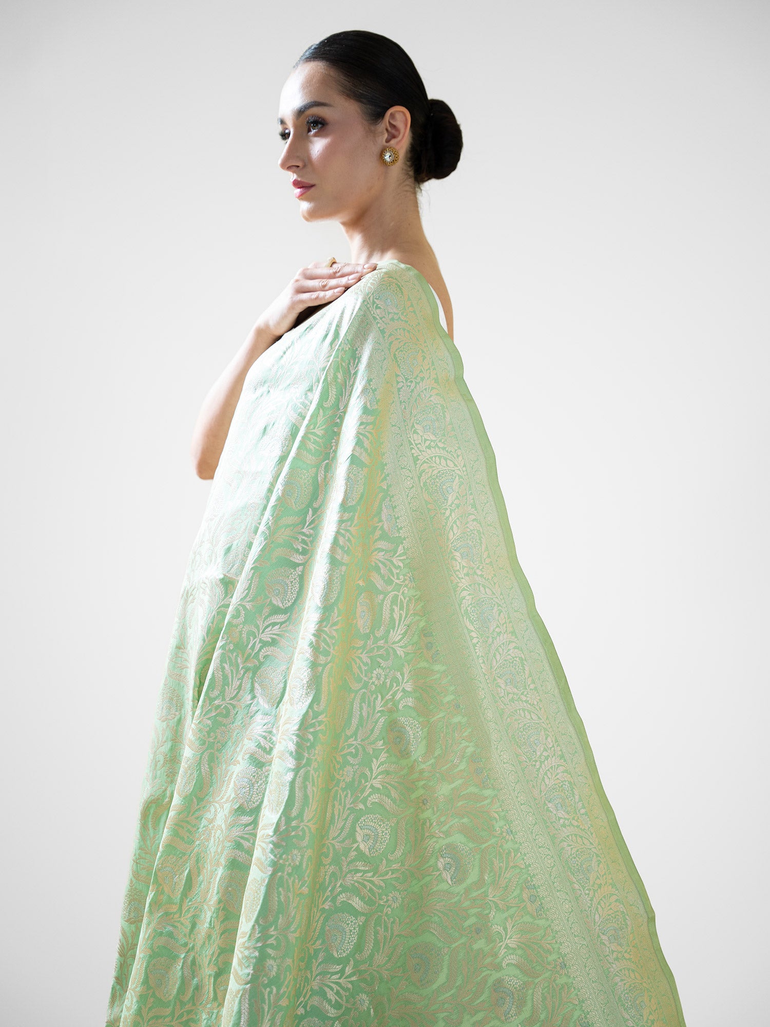 Pista Green Jaal Uppada Katan Silk Handloom Banarasi Saree - Sacred Weaves
