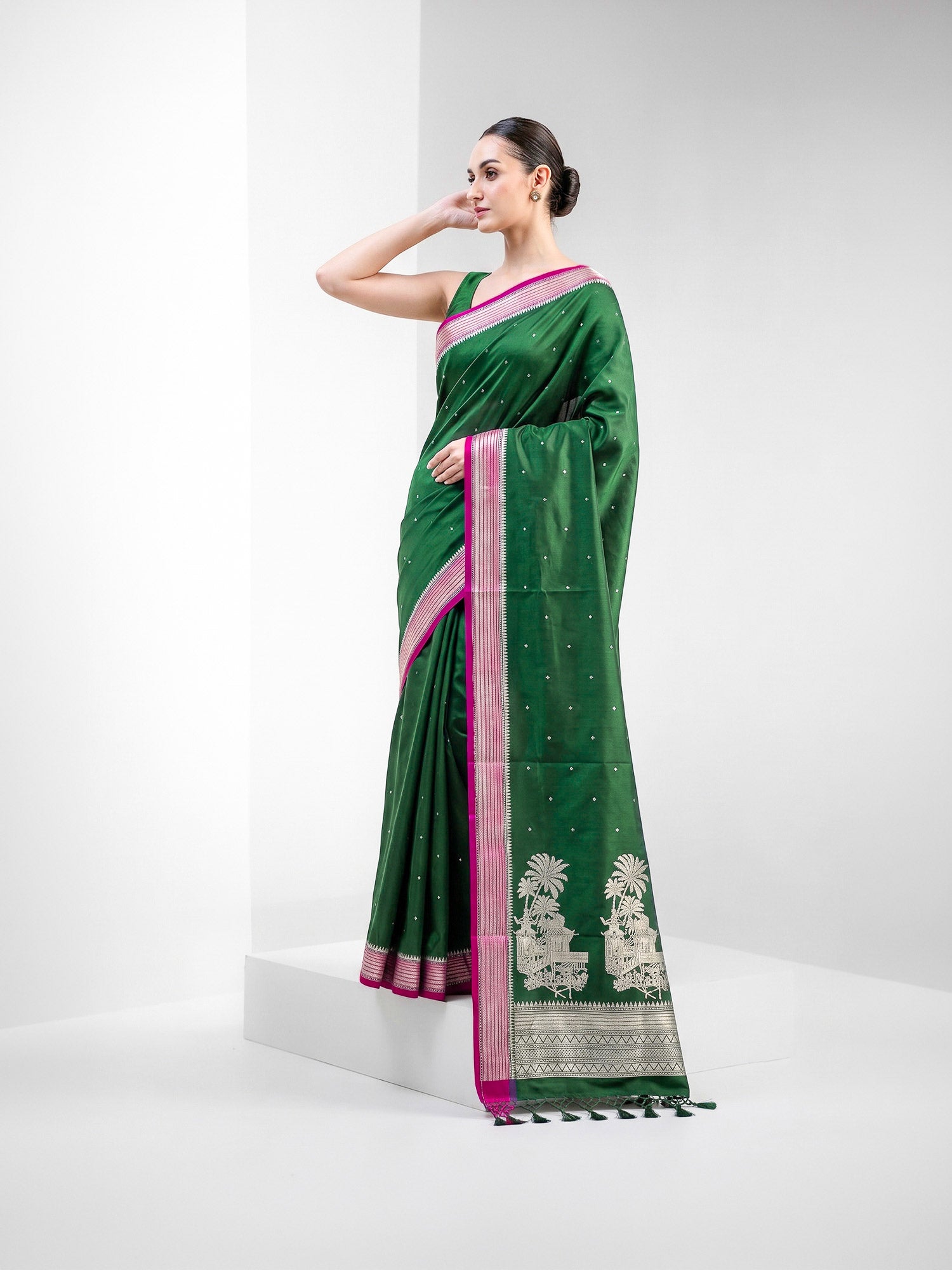 Bottle Green Booti Satin Silk Handloom Banarasi Saree - Sacred Weaves