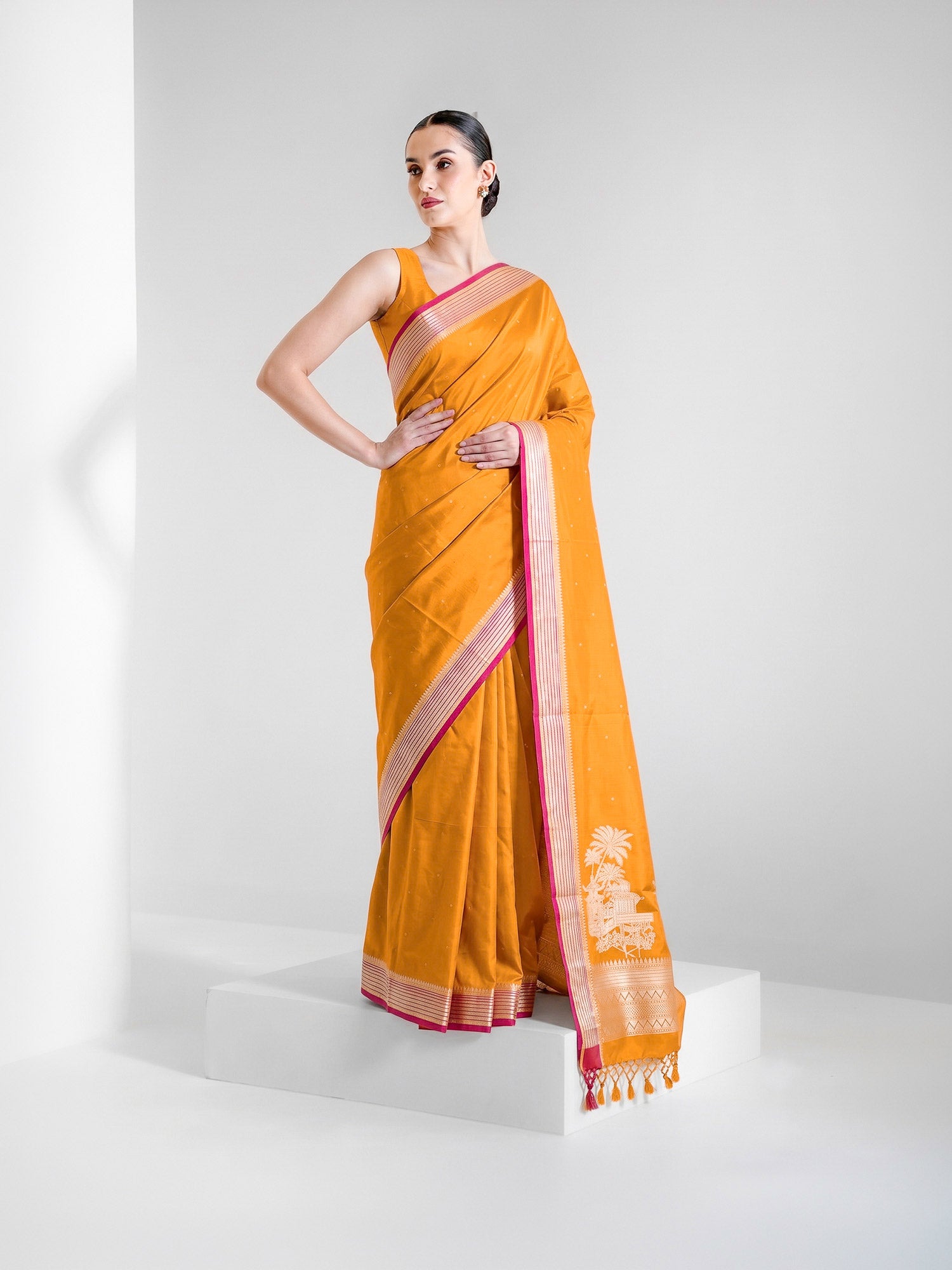 Mustard Booti Satin Silk Handloom Banarasi Saree - Sacred Weaves