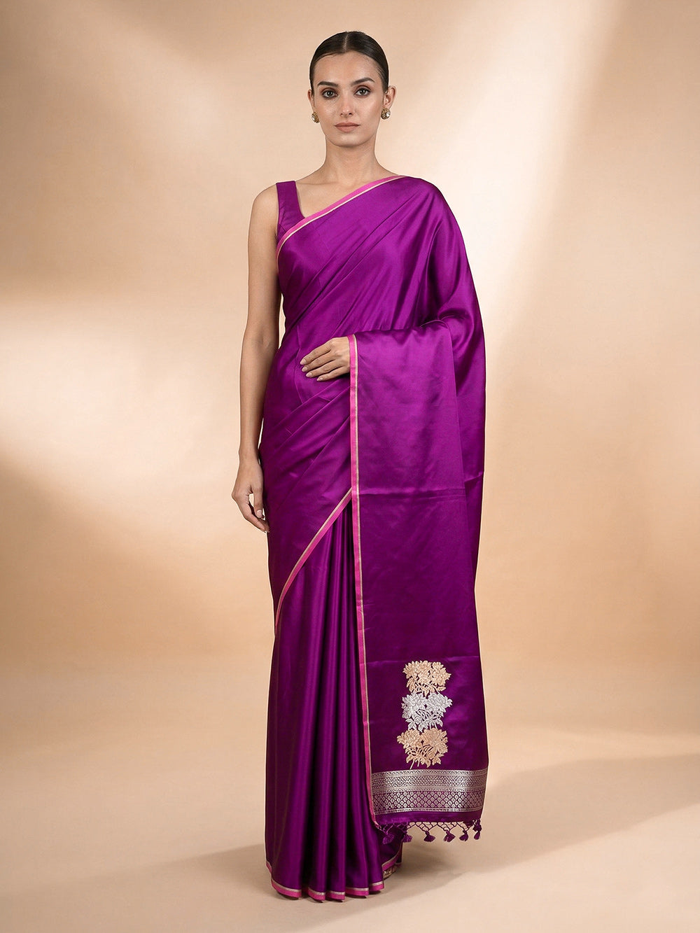 Dark Magenta Plain Satin Silk Handloom Banarasi Saree - Sacred Weaves