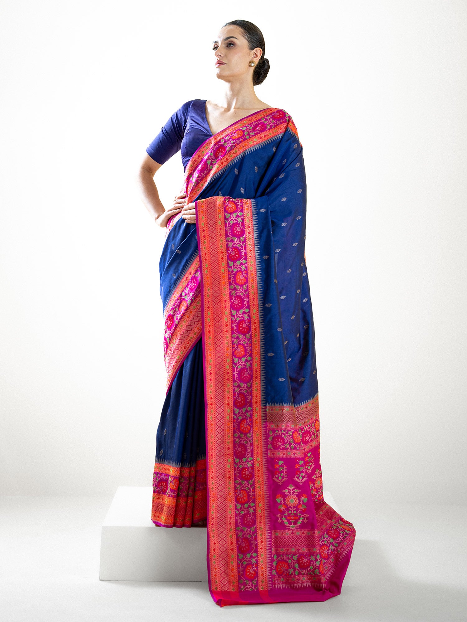 Blue Booti Katan Silk Handloom Banarasi Saree - Sacred Weaves
