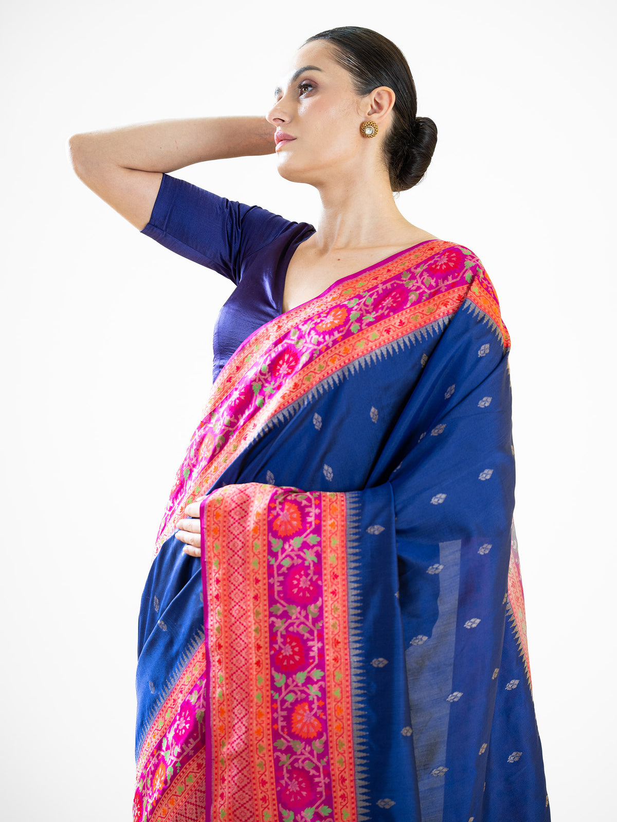 Blue Booti Katan Silk Handloom Banarasi Saree - Sacred Weaves