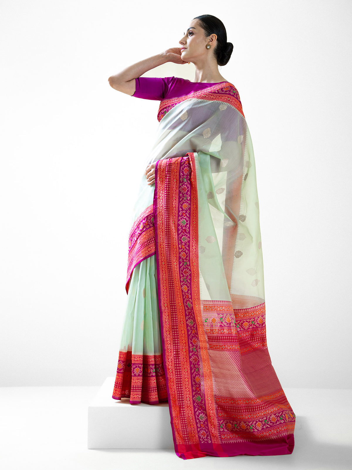 Aqua Green Boota Organza Handloom Banarasi Saree - Sacred Weaves