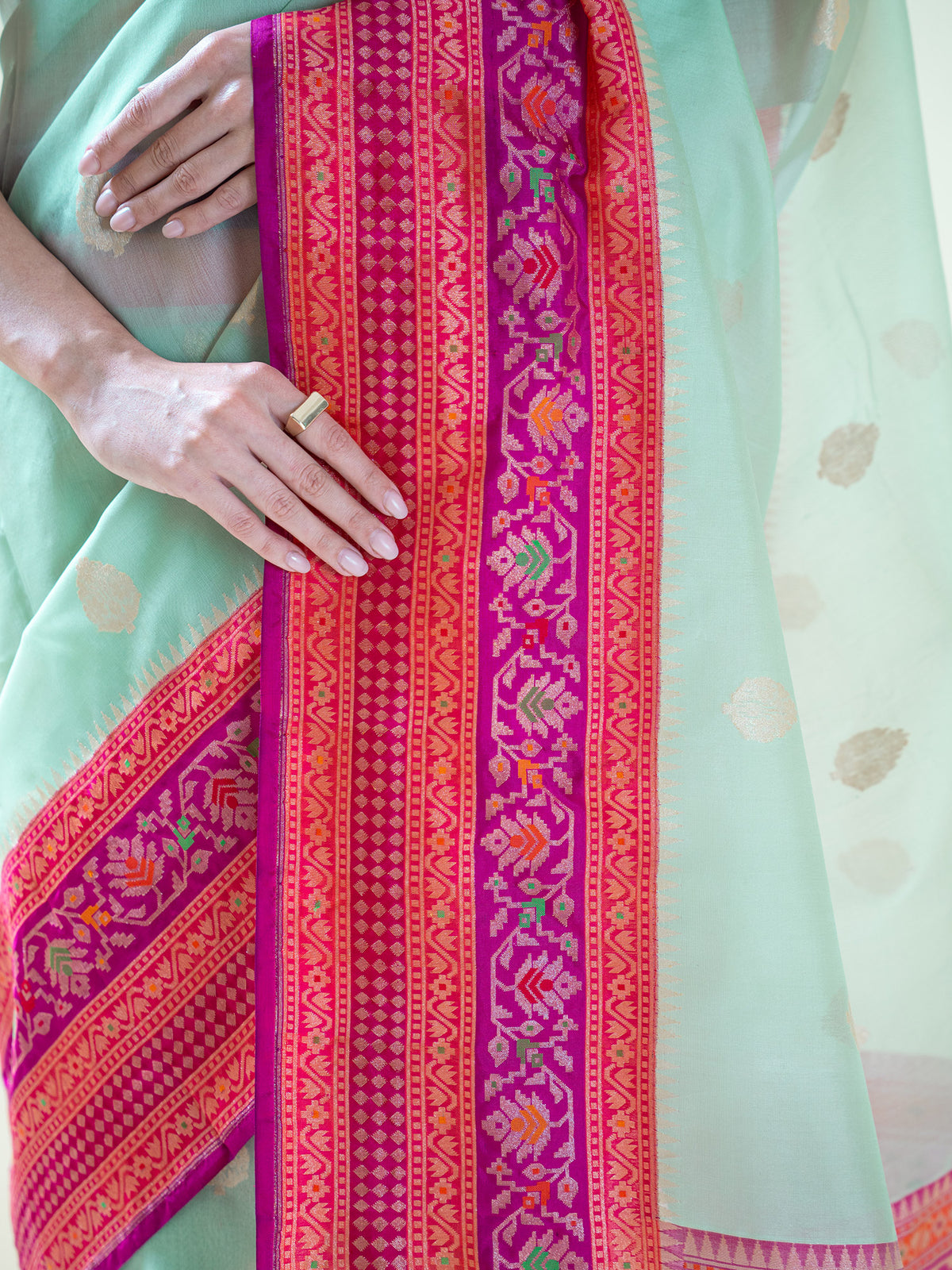Aqua Green Boota Organza Handloom Banarasi Saree - Sacred Weaves