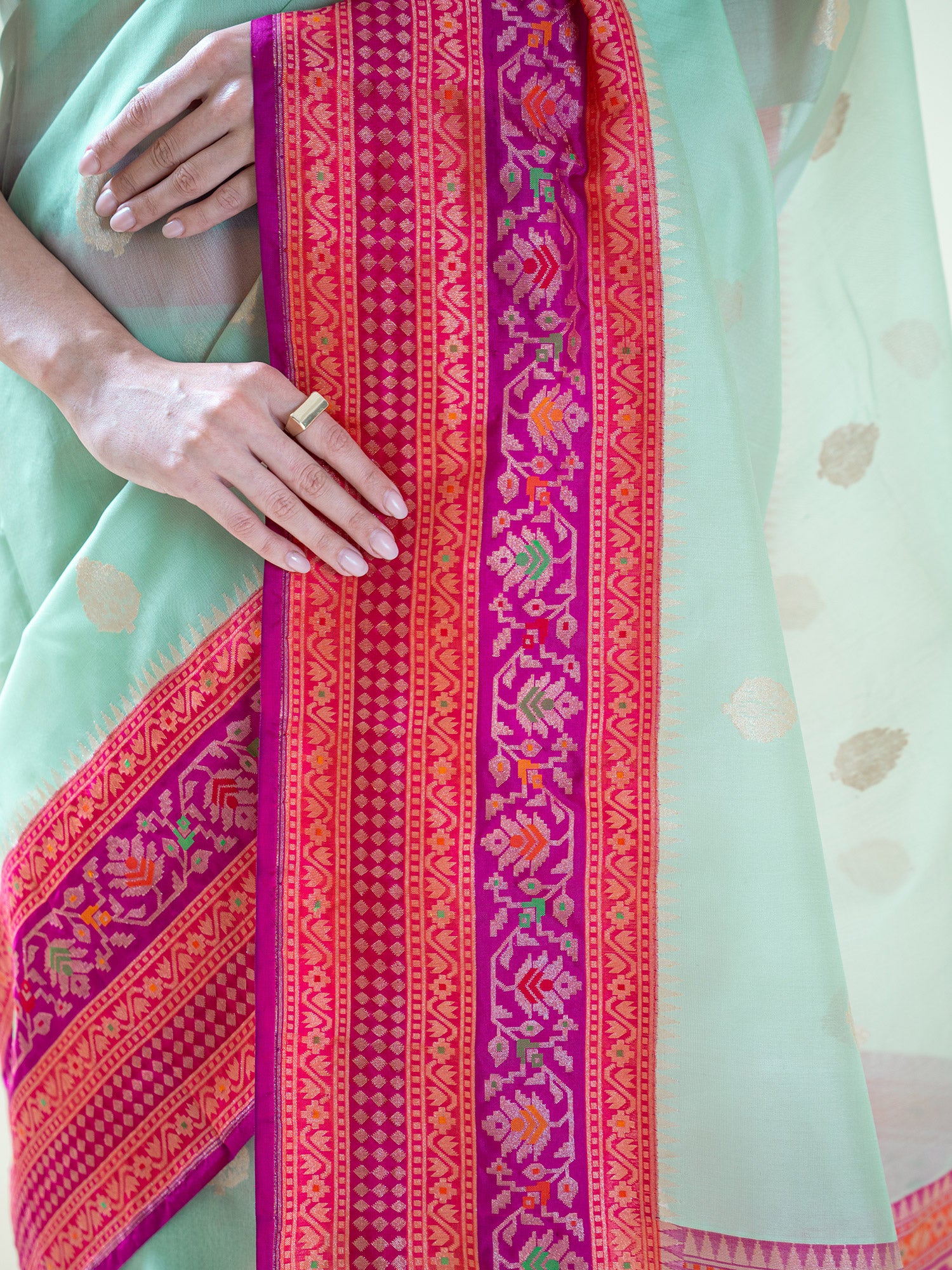 Aqua Green Boota Organza Handloom Banarasi Saree - Sacred Weaves