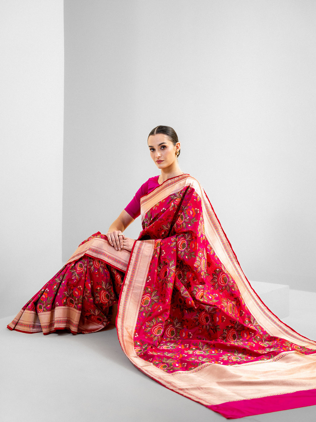 Pink Red Meenakari Katan Silk Handloom Banarasi Saree - Sacred Weaves