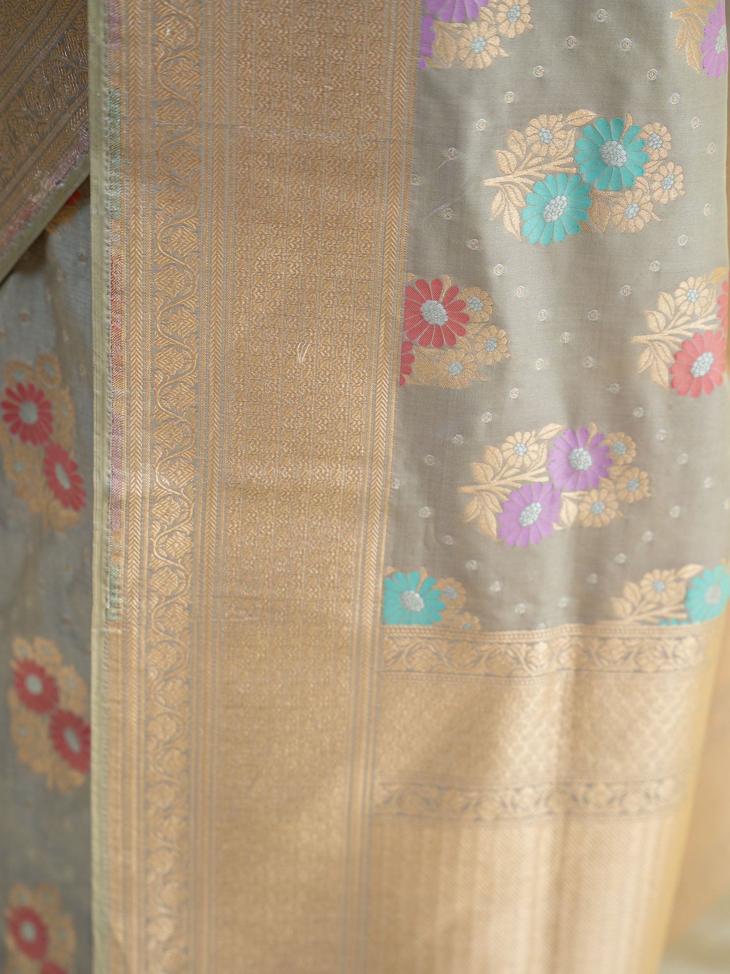 Grey Meenakari Katan Silk Handloom Banarasi Saree - Sacred Weaves