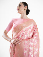 Coral Pink Jaal Uppada Katan Silk Handloom Banarasi Saree - Sacred Weaves