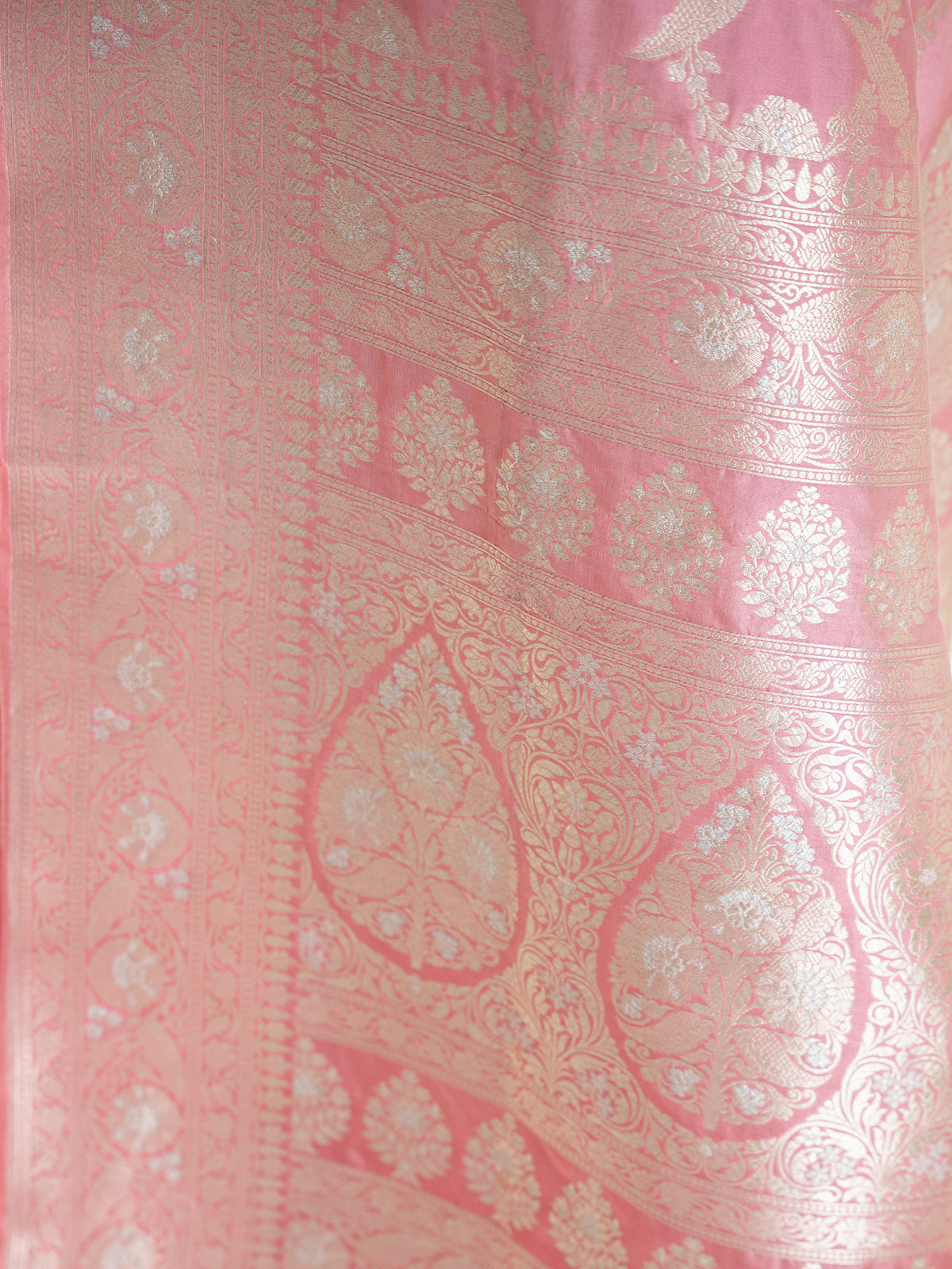 Coral Pink Jaal Uppada Katan Silk Handloom Banarasi Saree - Sacred Weaves