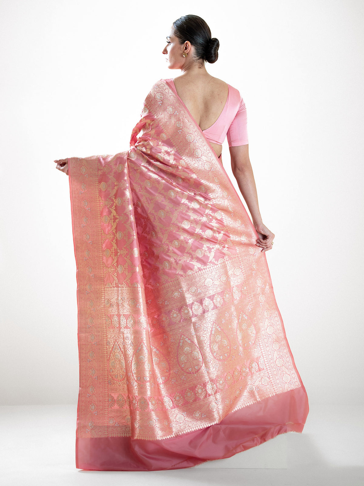 Coral Pink Jaal Uppada Katan Silk Handloom Banarasi Saree - Sacred Weaves