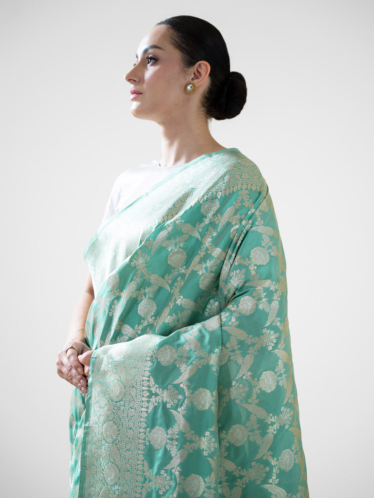 Aqua Green Jaal Uppada Katan Silk Handloom Banarasi Saree - Sacred Weaves