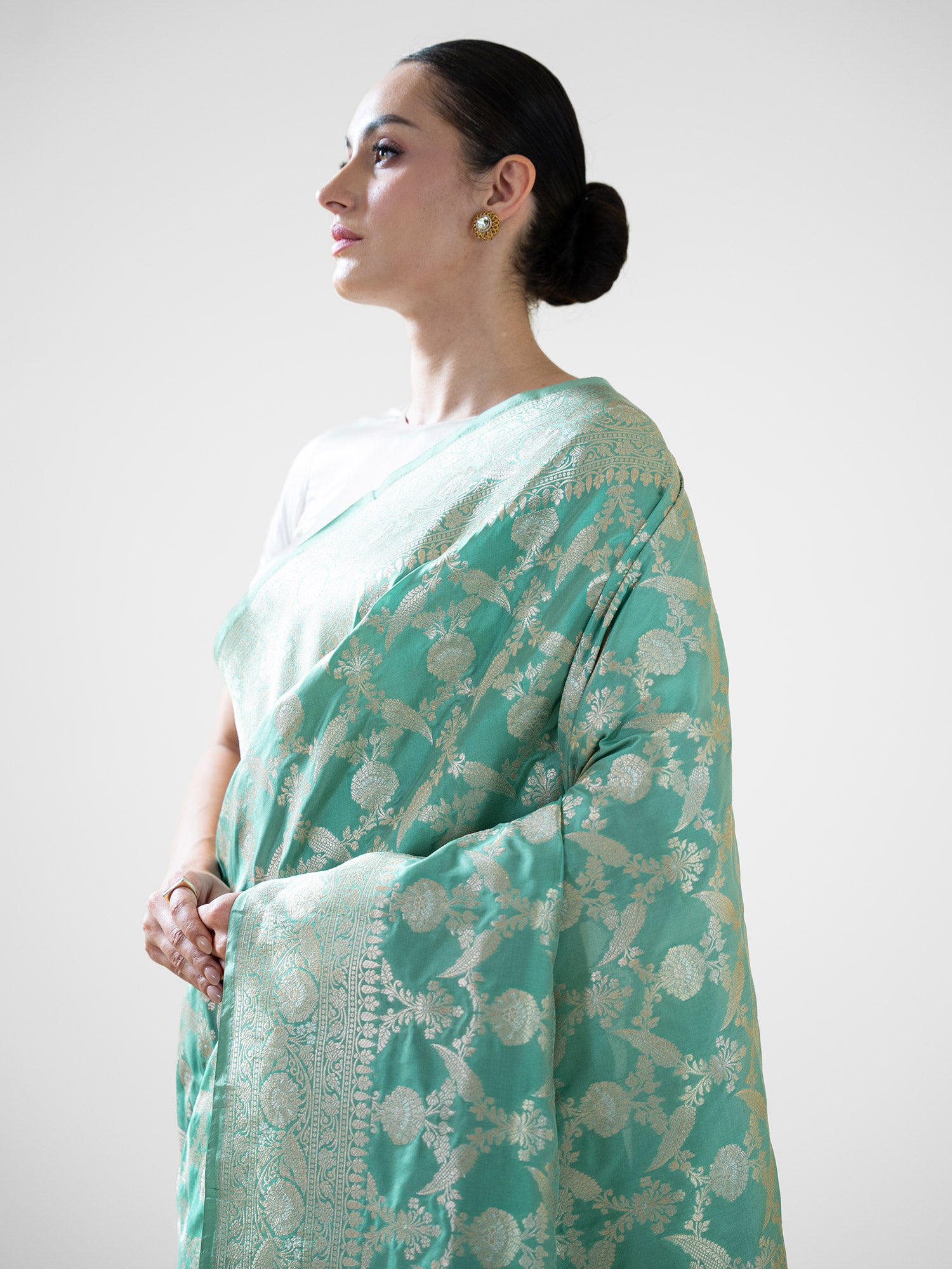 Aqua Green Jaal Uppada Katan Silk Handloom Banarasi Saree - Sacred Weaves