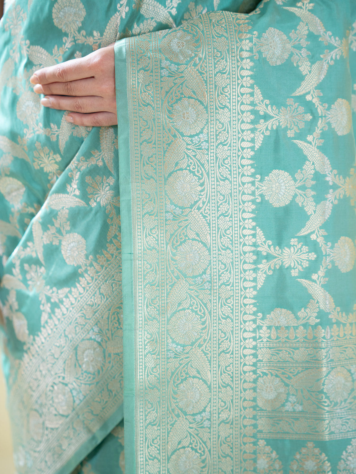 Aqua Green Jaal Uppada Katan Silk Handloom Banarasi Saree - Sacred Weaves