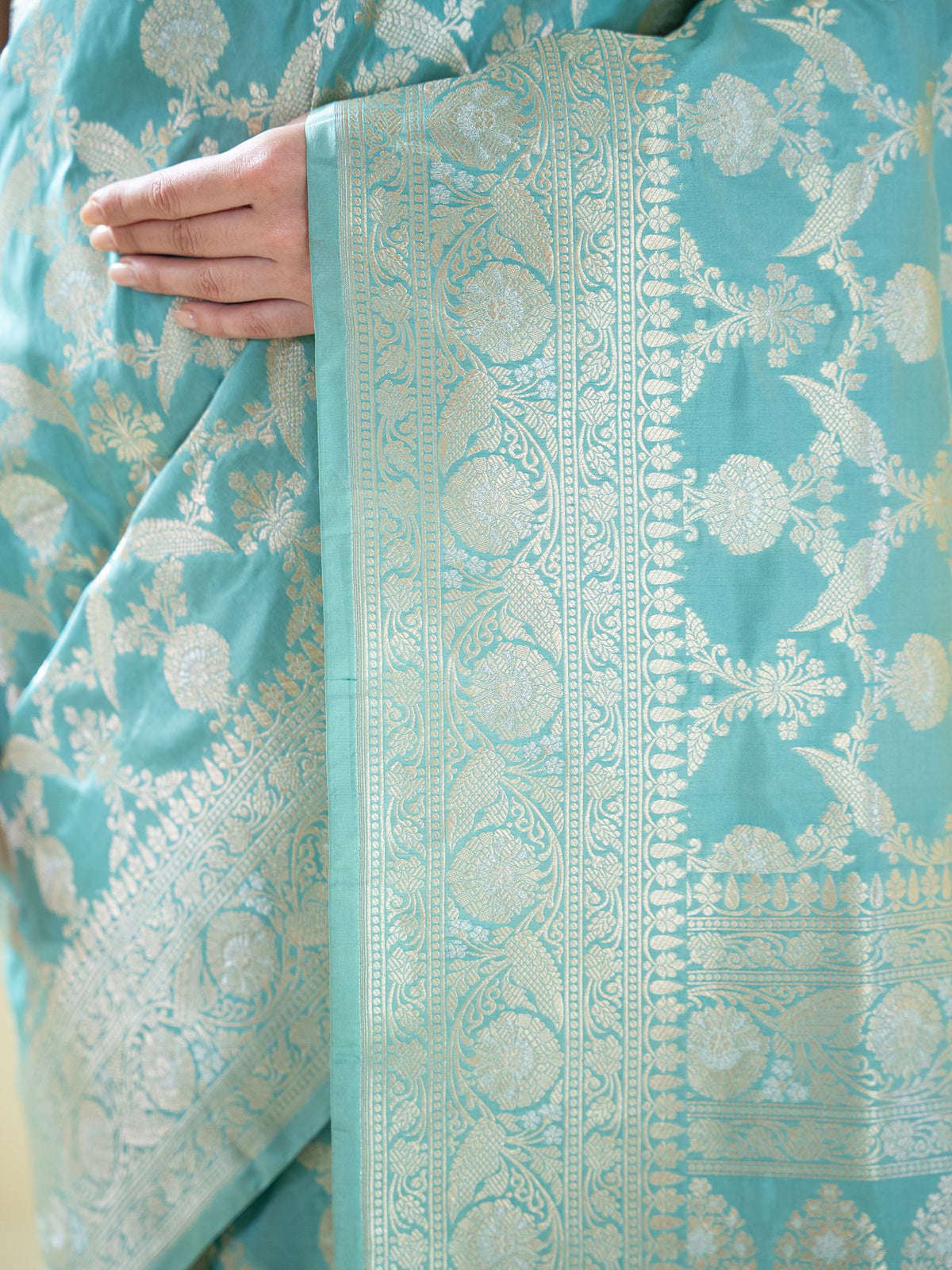 Aqua Green Jaal Uppada Katan Silk Handloom Banarasi Saree - Sacred Weaves