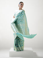 Aqua Green Jaal Uppada Katan Silk Handloom Banarasi Saree - Sacred Weaves